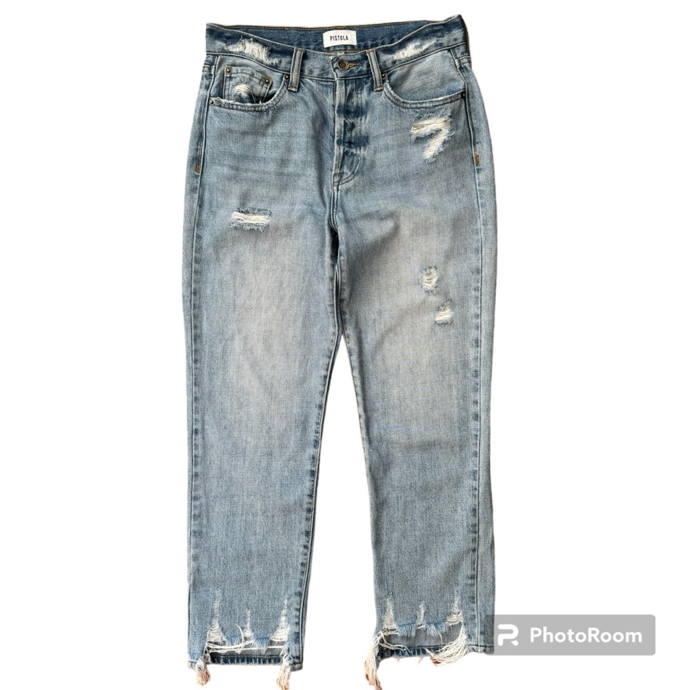 Pistola Straight Leg Distressed Light Wash Denim Jeans, sz 26, High Button Fly